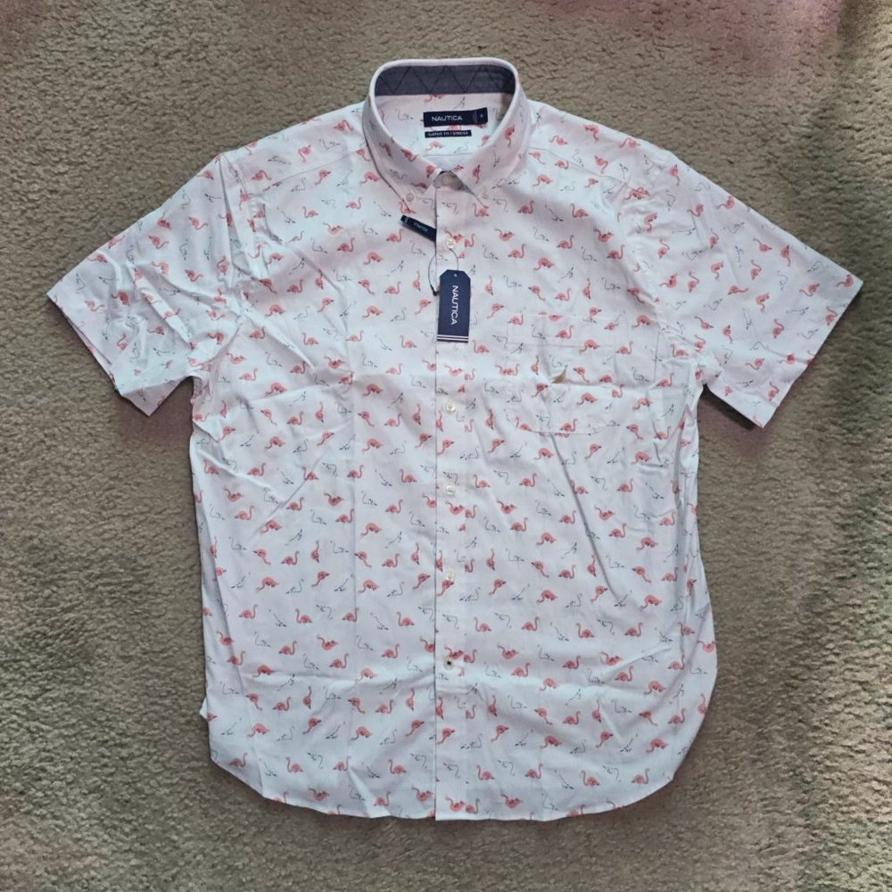 Nautica Men's SS Stretch Oxford Shirt - Bright White Pink Flamingo Print XL NWT